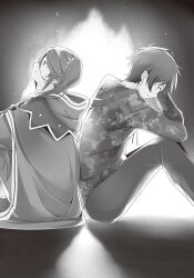  029 1boy 1girl back-to-back campfire fire flower flower_ornament from_side greyscale hair_between_eyes hair_flower hair_ornament hataraku_maou-sama! highres hood hood_down hooded_shirt hugging_own_legs kamazuki_suzuno long_hair long_sleeves looking_up monochrome night novel_illustration official_art pants shirt short_hair side_ponytail sitting smile third-party_source v-shaped_eyebrows 
