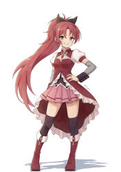  1girl bow commentary_request detached_sleeves dress hair_bow hand_on_own_hip highres long_hair looking_at_viewer magical_girl mahou_shoujo_madoka_magica mahou_shoujo_madoka_magica_(anime) oonishi ponytail red_dress red_eyes red_hair sakura_kyoko sakura_kyoko_(magical_girl) smile solo thigh-highs 