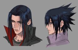  2boys akatsuki_uniform black_hair black_jacket brothers closed_mouth dirty dirty_face facial_mark fishnet_top fishnets grey_background grey_shirt hair_between_eyes jacket jewelry long_hair male_focus multiple_boys naruto_(series) naruto_shippuuden necklace parted_bangs portrait red_eyes shirt short_hair siblings tinzng1518388 uchiha_itachi uchiha_sasuke upper_body 