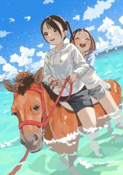  2girls absurdres brown_hair chinese_zodiac closed_eyes colored_inner_hair commentary_request day dutch_angle grey_shorts highres horseback_riding jacket long_sleeves mashiro_ka multicolored_hair multiple_girls ocean okinawa open_mouth original outdoors pink_hair riding shorts smile water white_jacket year_of_the_horse 