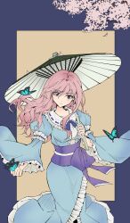  1girl absurdres alternate_hair_length alternate_hairstyle blue_kimono branch bug butterfly center_frills cherry_blossoms closed_mouth commentary_request cowboy_shot falling_petals frilled_kimono frilled_sleeves frills head_tilt highres holding holding_umbrella japanese_clothes kimono long_hair long_sleeves looking_at_viewer momoverflow obi oil-paper_umbrella petals pink_eyes pink_hair pink_petals purple_sash saigyouji_yuyuko sash smile solo standing touhou umbrella wide_sleeves 