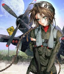  1girl absurdres ahoge aircraft airplane aviator_goggles blue_sky braid detached_sleeves floating_hair goggles goggles_on_headwear green_eyes green_hat green_jacket hair_intakes hat highres hmgogogogo jacket long_hair original parted_lips planet sky solo turtleneck upper_body very_long_hair 