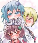  3girls blonde_hair blue_hair blush breast_envy breast_rest breasts breasts_on_head brown_hair chibi hair_ornament lowres lunasa_prismriver lyrica_prismriver merlin_prismriver multiple_girls nyagakiya short_hair siblings sisters tears touhou 