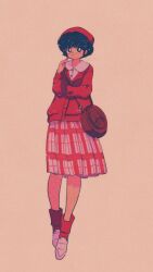  1girl absurdres black_eyes black_hair brown_bag closed_mouth commentary cosmetics en_0410 film_grain full_body hat heavy_film_grain highres holding holding_lipstick_tube lipstick_tube pink_shoes ranma_1/2 red_hat red_socks red_sweater shoes short_hair smile socks solo sweater tendou_akane untranslatable_commentary 