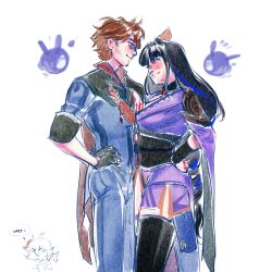  1girl 2boys annoyed armor artist_name black_gloves black_sash black_thighhighs blue_eyes blunt_bangs blush braid closed_mouth collared_shirt couple english_commentary english_text franklyshane from_side genshin_impact gloves grey_jacket grey_pants hair_between_eyes hair_ornament hand_on_own_hip head_tilt hetero highres jacket japanese_clothes kaedehara_kazuha kimono light_smile long_braid long_sleeves looking_at_another multicolored_hair multiple_boys orange_hair pants purple_hair purple_kimono raiden_shogun sash seelie_(genshin_impact) shade shirt shoulder_armor single_braid speech_bubble standing streaked_hair suit tartaglia_(genshin_impact) thigh-highs upper_body violet_eyes 