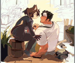  1boy 1girl arm_support barrel black_hair black_necktie black_pants brown_hair commentary_request facial_hair facing_another female_protagonist_(live_a_hero) furry furry_female furry_with_non-furry goatee_stubble grin hetero holding_hands interspecies lilac_(live_a_hero) live_a_hero looking_at_viewer nanaisan_(713) necktie open_mouth pants shirt short_hair sitting sketch_background smile stubble undone_necktie white_shirt 