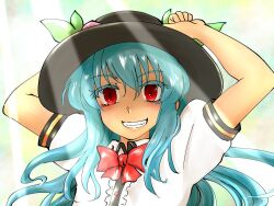  1girl arms_up black_hat black_trim blue_hair blush bow bowtie center_frills commentary_request crossed_bangs double-parted_bangs fangs floating_hair frills green_sky grin hair_between_eyes hat hinanawi_tenshi light_rays long_hair looking_at_viewer nunnun_(shunka_shuutou) one-hour_drawing_challenge overlighting partially_shaded_face peach_hat_ornament puffy_short_sleeves puffy_sleeves red_bow red_bowtie red_eyes shirt short_sleeves sky smile solo touhou upper_body white_shirt 