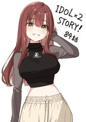  1girl arm_at_side arm_behind_head black_shirt blush breasts brown_hair commentary_request cowboy_shot crop_top cropped_shirt futaba_yuuri green_eyes grin hand_in_own_hair highres idol_x_idol_story! large_breasts long_hair long_sleeves looking_at_viewer midriff navel official_art pants shirt simple_background smile solo straight_hair tokunou_shoutarou turtleneck turtleneck_shirt white_background 