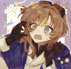  1girl black_gloves border brown_hair character_name commentary_request fune5 furrowed_brow gloves goggles goggles_on_head hands_up highres jacket looking_at_viewer merel_(reverse:1999) open_mouth outside_border postmark purple_border reverse:1999 short_hair solo sweat upper_body watermark watermark_grid white_jacket 