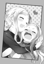  029 2girls :d ^_^ acieth_alla arras_ramus blush carrying cheek-to-cheek child child_carry closed_eyes collared_dress crying dress full-face_blush greyscale hataraku_maou-sama! head_tilt heads_together heart highres hug long_hair long_sleeves monochrome multiple_girls novel_illustration official_art open_mouth outstretched_arms parted_bangs shirt short_hair sidelocks smile spread_arms third-party_source v-shaped_eyebrows wavy_hair 