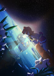  2girls aijou_karen air_bubble all_fours back_bow belt black_hair blue_bow blue_jacket blue_skirt boots bow brown_hair bubble closed_eyes commentary_request couple crown dutch_angle face-to-face facing_another facing_up flower flower_request from_side highres horizon jacket kagura_hikari kiss leaning_forward long_hair long_sleeves medium_hair mini_crown miniskirt multiple_girls night one_side_up outdoors partially_underwater_shot pleated_skirt profile purple_boots reaching reaching_towards_another red_bow red_jacket red_sash red_skirt rope samochau sash shoujo_kageki_revue_starlight shoulder_sash single_horizontal_stripe skirt sky sparkle_hair_ornament star_(sky) starry_sky striped_clothes striped_skirt submerged tassel underlighting water white_flower white_sash wide_shot yellow_belt yellow_trim yuri 