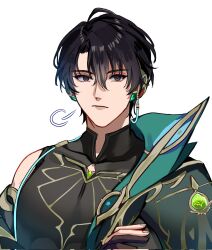  1boy :/ alhaitham_(genshin_impact) alhaitham_(genshin_impact)_(cosplay) black_hair breath brooch clothing_request commentary cosplay curtained_hair earrings english_commentary eyeliner genshin_impact hand_up highres jewelry looking_at_viewer makeup male_focus ochanomuu omniscient_reader's_viewpoint short_hair solo yoo_joonghyuk 