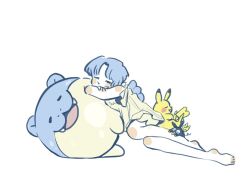  1girl barefoot blue_hair blush_stickers closed_eyes cocoa_681 commentary crossover lying_on_pokemon p-chan_(ranma_1/2) pig pikachu pokemon pokemon_(creature) ranma_1/2 short_hair sleeping spheal tendou_akane white_background 