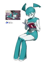  1girl absurdres aqua_boots aqua_hair aqua_skirt aqua_tank_top artist_logo artist_name black_eyes book boots colored_skin full_body highres holding holding_book humanoid_robot jenny_wakeman joints logo midriff miniskirt my_life_as_a_teenage_robot navel nisp_art reading reference_inset robot robot_girl robot_joints screw sitting skirt smile solo tank_top twintails white_skin 