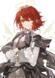  ;d absurdres adjusting_clothes adjusting_gloves arknights black_gloves brown_necktie chinese_commentary collared_shirt commentary_request detached_wings exusiai_(arknights) gloves grey_vest grin hair_between_eyes halo highres jacket jacket_on_shoulders long_sleeves looking_at_viewer necktie one_eye_closed orange_eyes reach_far_away_(viuooczy) red_hair shirt short_hair simple_background smile traditional_halo vest white_background white_shirt wings yellow_halo 