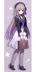  1girl alternate_costume bag beret black_hat black_sailor_collar black_shoes brown_bag brown_hair closed_mouth commentary_request expressionless full_body grey_pantyhose hat herta_(honkai:_star_rail) herta_(puppet)_(honkai:_star_rail) highres holding holding_bag honkai:_star_rail honkai_(series) loafers long_hair long_sleeves looking_at_viewer pantyhose purple_skirt sailor_collar school_bag school_uniform shoes skirt solo standing t@ke-g very_long_hair violet_eyes 