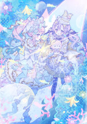  2girls :o back_bow blue_bow blue_hair blue_pantyhose blue_shoes blush bow bowtie commentary_request coral double-parted_bangs dress dress_bow frilled_dress frilled_sleeves frills full_body gloves hair_bow highres long_hair multicolored_hair multiple_girls open_mouth original pantyhose pink_dress pink_eyes pink_hair purple_bow purple_bowtie purple_dress purple_hair sango_(35sangosan) shoes short_sleeves standing thigh-highs twintails two-tone_hair violet_eyes water watermark white_bow white_gloves white_thighhighs 