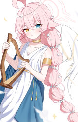  1girl absurdres adachi_(ttriwk) ahoge alternate_costume alternate_hairstyle ancient_greek_clothes angel_wings armlet blue_archive blue_eyes braid braided_ponytail commentary dress gold_armlet gold_choker greco-roman_clothes hair_flaps hair_intakes halo harp heterochromia highres holding holding_harp holding_instrument hoshino_(blue_archive) instrument jewelry light_blush long_hair looking_at_viewer parted_lips pink_hair pink_halo sidelocks solo very_long_hair white_dress white_wings wings yellow_eyes 