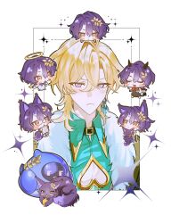  1owo_owo1 2boys angel_and_devil animalization aqua_shirt aventurine_(honkai:_star_rail) belt belt_collar black_belt blonde_hair blue_eyes cat chibi chibi_inset cleavage_cutout closed_mouth clothing_cutout collar cropped_torso dr._ratio_(honkai:_star_rail) earrings fur_trim hair_intakes hashtag-only_commentary heart_cutout highres honkai:_star_rail honkai_(series) jewelry light_blush light_frown looking_at_viewer male_focus multicolored_eyes multiple_boys person_and_animalization purple_cat shirt short_hair simple_background single_earring sparkle two-tone_eyes violet_eyes white_background 