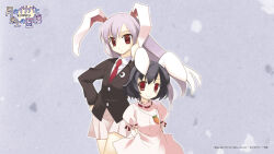  2girls animal_ears arata_toshihira black_hair blue_background copyright_logo copyright_notice hieroglyphics highres inaba_of_the_moon_and_inaba_of_the_earth inaba_tewi logo miniskirt multiple_girls official_art official_wallpaper rabbit_ears red_eyes reisen_udongein_inaba skirt touhou touhou_bougetsushou 