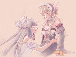  2girls anger_vein bare_shoulders black_collar black_dress black_hair blue_eyes blush bonnet breasts brown_hair closed_eyes collar columbina_(genshin_impact) detached_collar detached_sleeves dress eye_mask frilled_sleeves frills genshin_impact hair_ornament hand_on_another's_waist head_wings long_hair mask multicolored_hair multiple_girls open_mouth purple_hair purple_streaks ribbon sandrone_(genshin_impact) simple_background sitting smile spok(marshmallowrice) streaked_hair two-tone_hair very_long_hair white_dress white_headdress white_wings wing_hair_ornament wings yuri 