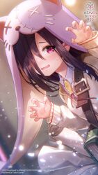  1girl animal_ears animal_hood bag black_hair blurry blurry_background blush book cardigan cat_ears claw_pose collared_shirt copyright_name copyright_notice detached_hood dutch_angle fake_animal_ears fingernails fish_ornament glint hair_over_one_eye hands_up heaven_burns_red highres hood indoors light_particles long_bangs long_hair official_alternate_costume official_art official_wallpaper one_eye_covered open_mouth red_eyes rolled-up_paper satchel school_uniform shirt solo straight_hair sweatdrop tenne_miko tenne_miko_(the_great_yamawaki's_minion:_the_magicat) upper_body wavy_mouth yellow_cardigan 