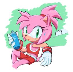  1girl ? after_exercise alternate_costume ame_(beeames) amy_rose animal_ears animal_nose bare_shoulders body_fur bottle breasts crop_top cropped_legs furry furry_female gloves green_background green_eyes gym_uniform hair_tie hairband hand_up highres holding holding_bottle light_blush looking_at_viewer medium_breasts midriff navel official_alternate_costume open_mouth pink_fur pink_hair ponytail red_hairband red_shirt red_shorts shirt short_hair short_shorts shorts sidelocks simple_background sitting sleeveless sleeveless_shirt small_breasts solo sonic_(series) speech_bubble spoken_question_mark sportswear sweat sweatdrop tail talking tank_top topknot two-tone_background two-tone_fur water_bottle white_gloves wide-eyed 