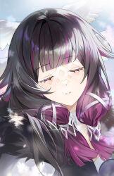  1girl absurdres black_hair closed_eyes coat columbina_(genshin_impact) commentary_request feathered_wings fur-trimmed_coat fur_trim genshin_impact hair_ribbon head_wings highres long_hair long_sidelocks lucky_mimi12 multiple_wings parted_lips pink_hair ribbon sidelocks solo white_mask white_ribbon wings 