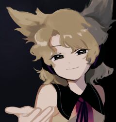  1girl black_background black_eyes brown_hair brown_shirt closed_mouth collared_shirt commentary half-closed_eyes hand_up hashtag-only_commentary headphones highres medium_hair mone6767 pointy_ears portrait reaching reaching_towards_viewer shirt simple_background sleeveless sleeveless_shirt smile solo touhou toyosatomimi_no_miko untranslatable_commentary 