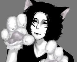  1boy animal_ears animal_hands cat_boy cat_ears commentary_request curly_hair empty_eyes fang grey_background greyscale hands_up high_contrast highres jitome kemonomimi_mode looking_at_viewer lower_teeth_only male_focus monochrome no_pupils portrait real_life salvador_ramos shirt short_hair simple_background solo spot_color teeth thick_eyebrows true_crime user_axyk3548 v-neck 