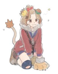  1girl alternate_costume animal_ears animal_hands bangs_pinned_back bow brown_eyes brown_hair commentary_request crown fangs full_body gloves hair_ornament hairclip highres jacket kneeling leaf leaf_on_head lion_ears lion_girl lion_tail long_sleeves looking_at_viewer mode_aim paw_gloves paw_shoes ponpoko_(vtuber) red_bow red_jacket short_hair simple_background smile solo tail tonde_haneru white_background x_hair_ornament 