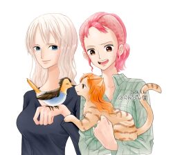  4girls animal bellemere bird bird_on_hand blue_eyes cat collared_shirt commentary_request dated highres holding holding_animal long_hair mother_and_daughter multiple_girls nami_(one_piece) nico_olvia nico_robin one_piece orange_hair ponytail shirt simple_background smile strcd_61 tail white_background white_hair 