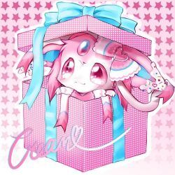 bad_source bow canihavepromo english_text forehead_jewel gift lottie_(gravyalloverhim) no_humans pink_background pink_eyes pink_theme pokemon pokemon_(creature) ribbon smile solo_focus star_(symbol) star_symbol_background sylveon tail third-party_source whipped_cream