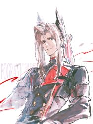  1boy arknights arknights:_endfield black_coat closed_mouth coat hair_between_eyes haku_(muc12b) hashtag-only_commentary head_wings hellagur_(arknights) highres long_hair long_sleeves looking_at_viewer male_focus pogranichnik_(arknights) ponytail simple_background solo upper_body white_background wings yellow_eyes 