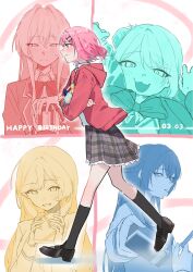 5girls :3 amaori_renako ashigaya_high_school_uniform black_shoes black_socks blazer bow bowtie braid closed_mouth dated gift grey_skirt grin hair_bun hair_intakes hair_ornament half-closed_eyes half_up_braid happy_birthday highres holding holding_gift hood hood_down jacket kneehighs koto_satsuki koyanagi_kaho loafers long_hair medium_hair miniskirt multiple_girls multiple_monochrome open_clothes open_jacket open_mouth ouzuka_mai pink_hair plaid_clothes plaid_skirt pleated_skirt profile red_jacket school_uniform sena_ajisai shoes single_side_bun skirt smile socks suzuki-san_(suzukisan_br) watashi_ga_koibito_ni_nareru_wake_naijan_murimuri! x_hair_ornament yuri 
