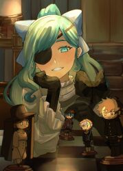  1girl absurdres black_gloves bow character_figure chess_piece commentary_request desscaras elbow_on_table eyepatch gloves gokuraku_(madan_no_ichi) green_eyes green_hair hair_bow head_rest high_ponytail highres ichi_(madan_no_ichi) indoors kumugi_(madan_no_ichi) long_hair madan_no_ichi parted_lips ponytail smile solo spica_harvest tomori_(inoutomori) upper_body 