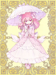  1girl aspara_(tw) back_bow bow dress full_body hair_tubes holding holding_umbrella kerberos_blade long_hair long_sleeves looking_at_viewer mary_janes parasol pink_dress pink_eyes pink_hair pink_shoes shoes smile solo standing umbrella yellow_background 