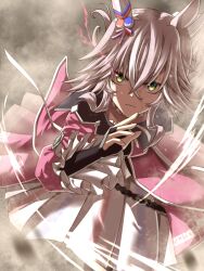  1girl animal_ears choker closed_mouth coat commentary_request dress ear_covers eye_trail fingerless_gloves frilled_choker frills gloves green_eyes grey_hair hair_between_eyes horse_ears horse_girl jacket light_trail long_hair looking_at_viewer multicolored_hair off-shoulder_coat off_shoulder peeta pink_coat pink_dress pink_jacket running single_ear_cover solo streaked_hair sweat textless_version umamusume wonder_acute_(butterfly_sting)_(umamusume) wonder_acute_(umamusume) 