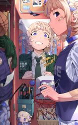  1girl absurdres bandaid bandaid_on_face basketball basketball_hoop black-framed_eyewear blonde_hair blonde_streaks blue_choker blue_eyes blush choker clenched_teeth colored_tips english_text from_side green_suit grey_necktie high_collar highres locker looking_at_viewer looking_to_the_side multicolored_hair necktie parted_lips photo_(object) poster_(object) purple_vest shirt short_hair short_sleeves solo streaked_hair suit sweatdrop teeth unworn_eyewear upper_body vest white_shirt yume_makurya 