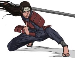  1boy absurdres armor breastplate brown_eyes brown_hair closed_mouth fighting_stance fishnet_leggings full_body furrowed_brow grey_pants grey_shirt headband highres holding holding_sword holding_weapon japanese_armor long_hair lunging male_focus naruto_(series) naruto_shippuuden pants sandals senju_hashirama shirt shoulder_armor solo sword tinzng1518388 weapon white_background white_headband 