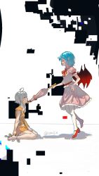  2girls ahoge artist_name bat_wings blue_eyes blue_hair brown_shirt brown_skirt chromatic_aberration closed_mouth collared_shirt commentary_request eye_contact fingernails frilled_shirt_collar frilled_sleeves frills from_side grey_hair hair_between_eyes highres holding holding_umbrella izayoi_sakuya looking_at_another mary_janes miniskirt multiple_girls nail_polish neck_ribbon pantyhose parted_lips pink_shirt pink_skirt pocket_watch puffy_short_sleeves puffy_sleeves qiukui022 red_eyes red_nails red_ribbon red_shoes remilia_scarlet ribbon shadow sharp_fingernails shirt shoes short_hair short_sleeves sitting skirt skirt_set standing torn_clothes torn_shirt torn_skirt touhou umbrella wariza watch white_pantyhose wide_shot wings 