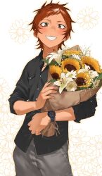  1boy androgynous black_shirt bouquet brown_eyes buttons closed_mouth collared_shirt commentary earrings english_commentary flower grey_pants grin highres holding holding_bouquet jewelry k-project looking_at_viewer male_focus pants shirt short_hair simple_background smile solo sunflower teeth treslech3s very_short_hair watch watch white_background white_flower yata_misaki yellow_flower 