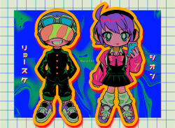  1boy 1girl ahoge black_pants black_skirt black_sweater_vest blue_eyes blush blush_stickers bow bowtie bright_pupils cellphone chibi chibi_only collared_shirt commentary_request goggles goggles_on_headwear grin headphones helmet highres holding holding_phone long_sleeves looking_at_viewer menma_(enaic31) open_mouth original outline pants phone pleated_skirt purple_hair purple_shoes red_bow red_bowtie shirt shoes short_hair skirt smartphone smile sneakers socks sweater_vest teeth tongue tongue_out translation_request twitter_username white_pupils white_shirt white_socks yellow_outline 