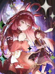  2girls 8_utauyo absurdres ahoge animal_ears asymmetrical_gloves blunt_bangs blunt_ends blunt_sidelocks blush braid breasts brown_hair brown_headdress buena_vista_(heroina_inocente)_(umamusume) buena_vista_(umamusume) checkered_collar checkered_hairband closed_mouth collared_shirt commentary_request dress frilled_hairband frills gloves hair_between_eyes hair_ornament hairband headband highres horse_ears horse_girl horse_tail interlocked_fingers jacket layered_hair long_hair long_sleeves looking_at_viewer medium_hair mismatched_gloves multiple_girls necktie open_clothes open_jacket own_hands_clasped own_hands_together parted_lips red_desire_(umamusume) red_dress red_hair red_hairband red_headdress red_veil shirt sidelocks single_thighhigh skirt smile star_ornament tail thigh-highs thigh_strap umamusume veil violet_eyes white_shirt yellow_eyes 