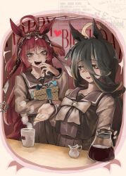  2girls absurdres ahoge animal_ears black_hair blunt_bangs blunt_ends blunt_sidelocks blush bow bowtie box breasts brown_headdress coffee coffee_mug coffee_pot collarbone commentary_request cup ear_tag earrings fang frilled_hairband frills gift gift_box hair_between_eyes hairband happy_birthday heart highres holding holding_gift horse_ears horse_girl horse_tail jewelry layered_hair long_bangs long_hair long_hair_between_eyes long_sleeves manhattan_cafe_(umamusume) mug multicolored_hair multiple_girls open_mouth pleated_skirt purple_sailor_collar purple_serafuku purple_shirt purple_skirt red_desire_(umamusume) red_hair red_hairband red_headdress red_veil rinka_(tonariuta) sailor_collar sailor_shirt school_uniform serafuku shirt sidelocks single_earring skirt small_breasts smile star_ornament steaming_cup tail teeth tracen_school_uniform umamusume umamusume_horse_relations upper_teeth_only veil white_bow white_bowtie white_hair yellow_eyes 