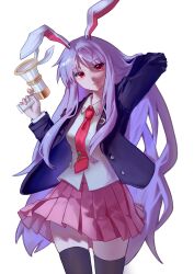  1girl absurdres animal_ears arm_behind_head arm_up black_jacket black_thighhighs blazer carrot_pin closed_mouth collared_shirt commentary_request cowboy_shot head_tilt highres holding holding_megaphone jacket long_hair long_sleeves looking_at_viewer lunatic_gun medium_skirt megaphone necktie open_clothes open_jacket pink_skirt pleated_skirt purple_hair rabbit_ears red_hair red_necktie reisen_udongein_inaba shirt skindentation skirt smile solo standing thigh-highs touhou very_long_hair white_shirt you_(xhs_11531511537) 