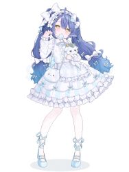  1girl ahoge animal ankle_lace-up bag blue_bow blue_eyes blue_hair blue_shoes blunt_bangs blush bow bowtie center_frills closed_mouth commentary double-parted_bangs dress frilled_dress frills full_body hair_between_eyes hair_bow hand_up highres holding holding_animal lollipop_in_mouth long_hair long_sleeves looking_at_viewer no_socks original shoes simple_background single_claw_pose solo standing twintails twitter_username untranslatable_commentary warewa_tanaka white_background white_bow white_bowtie white_dress yellow_eyes 