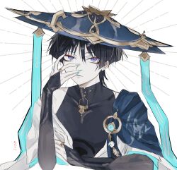  1boy armor artist_name bishounen black_bodysuit black_bridal_gauntlets black_hair blue_cape blue_gem blue_hat blue_nails blue_sleeves blunt_ends bodysuit bridal_gauntlets cape closed_mouth commentary covered_collarbone covering_own_mouth cross-shaped_pupils elbow_rest eyeliner feathers fingernails gem genshin_impact gold gold_ring hand_on_own_arm hand_over_own_mouth hat highres japanese_armor japanese_clothes jingasa kimono kote kurokote layered_sleeves makeup male_focus middle_ring open_clothes open_kimono pale_skin pom_pom_(clothes) portrait red_eyeliner red_pupils scaramouche_(genshin_impact) sharp_fingernails shio_(ixyo) short_sleeves shoulder_peek side_cape single_off_shoulder solo symbol-shaped_pupils tsurime untranslatable_commentary violet_eyes vision_(genshin_impact) wanderer_(genshin_impact) white_background white_kimono white_sleeves white_trim wispy_bangs yellow_feathers 