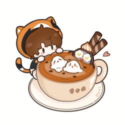  1boy animal_ears blush_stickers brown_eyes brown_hair cat_boy cat_ears cat_tail character_request check_character check_copyright chibi chibi_only chinese_commentary coffee coffee_mug commentary_request copyright_request cup food full_body hat heart highres male_focus marshmallow mug orange_hat real_life saucer short_hair simple_background solo tail wafer_stick white_background yi_zhi_miehaha zhou_shen 