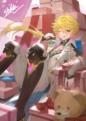  1boy aether_(as_heaven_and_earth_are_made_anew)_(genshin_impact) aether_(genshin_impact) ahoge arm_armor armor artist_name balloon black_gloves black_shirt blonde_hair blue_feathers blush boots bow bowtie box brown_boots candy chocolate closed_mouth commentary_request earrings feathers fingernails floating_hair flower flower_ornament food full_body genshin_impact gift gift_box gloves gold_trim hair_between_eyes hand_up heart heart-shaped_chocolate heart-shaped_food heart_balloon highres holding holding_chocolate holding_food jacket jewelry lapels long_hair long_sleeves looking_at_viewer low_ponytail male_focus mandarin_collar official_alternate_costume official_alternate_hairstyle one_eye_closed open_clothes open_jacket pants partially_fingerless_gloves pillow ponytail red_bow red_bowtie shadow shirt shoulder_armor single_earring sitting smile solo star_(symbol) star_earrings stuffed_animal stuffed_toy teddy_bear tongue tongue_out valentine vest white_flower white_jacket white_pants white_vest yellow_eyes zashikino_shiki 